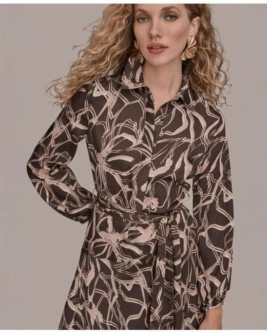 Donna Karan Brown V-neck Printed Dress