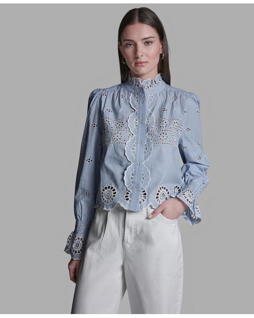 BCBGMAXAZRIA Blue Collared Neck Scallop Hem Top