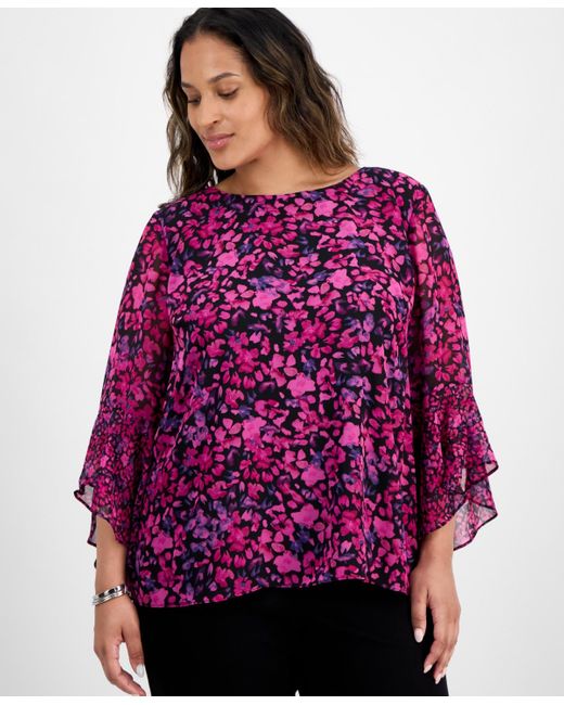 Kasper Purple Plus Size Bell-sleeve Ditsy-print Top