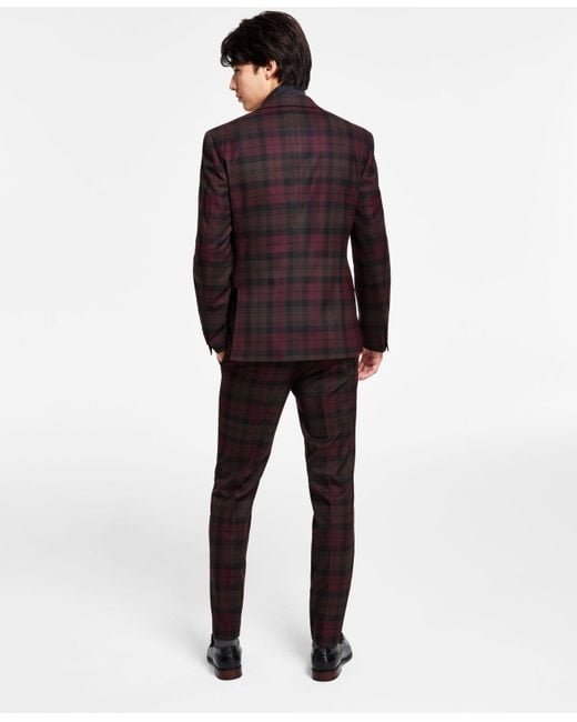 Bar Iii Slim-fit Burgundy Plaid Suit Separates, Created For Macy's in Blue  for Men
