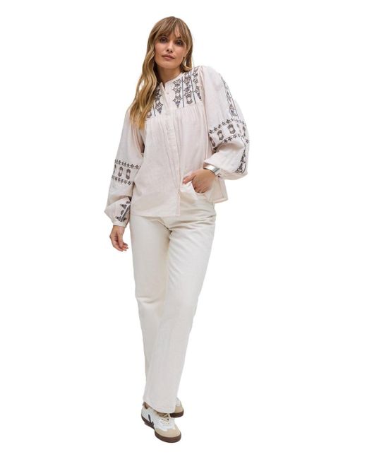 Raffya Natural Demi Embroidered Ballon Sleeve Shirt