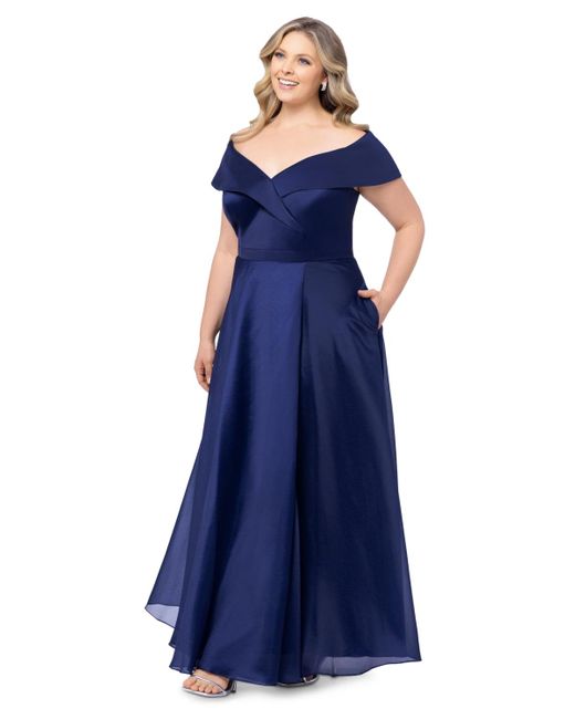 Xscape Blue Plus Size Off-the-shoulder Organza Gown