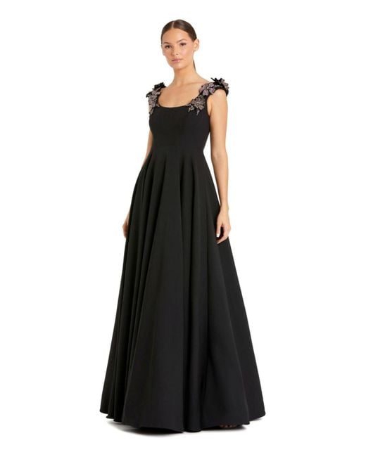 Mac Duggal Black Crepe Sleeveless Ballgown With Rhinestone Flowers