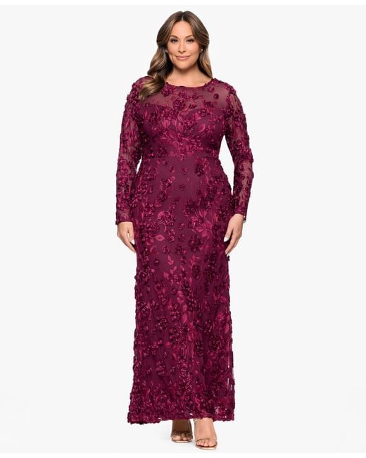 Xscape Red Plus Size Crewneck Long-sleeve Dress