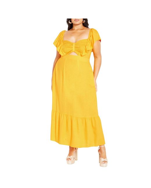 City Chic Yellow Plus Size Alora Strap Front Frill Maxi Dress