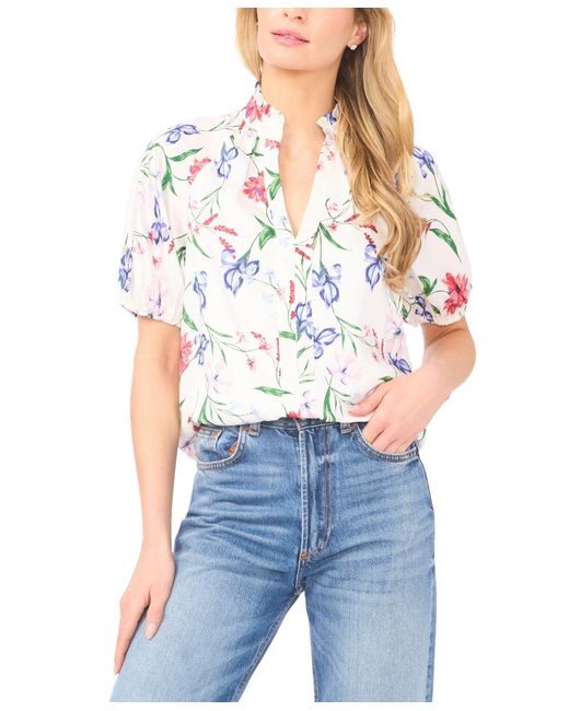Cece Blue Ruffle Split Neck Raglan Seam Blouse