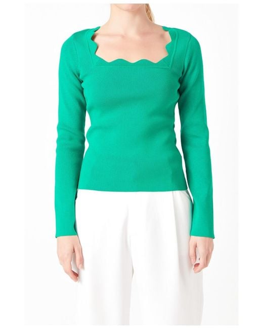 Endless Rose Green Scallop Detail Long Sleeve Sweater