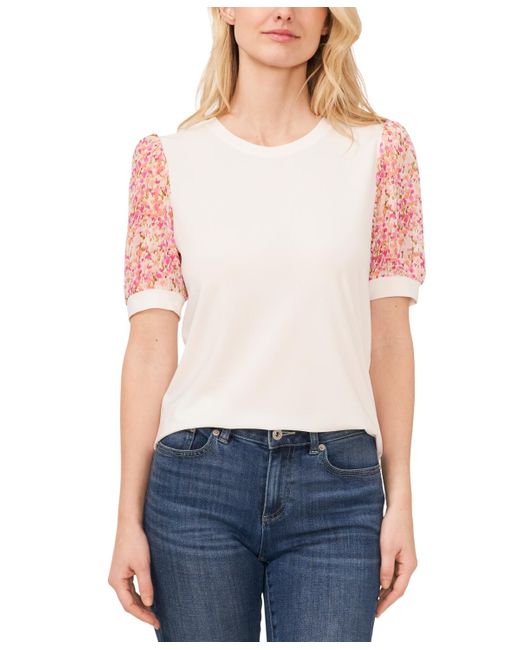 Cece White Floral Short Sleeve Mixed Media Crewneck Knit Top