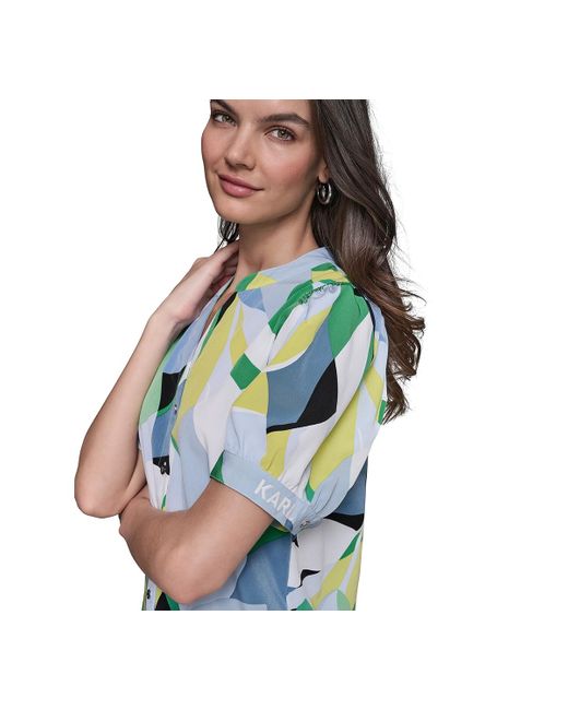 Karl Lagerfeld Blue Karl Lagerfeld Printed Puff-sleeve Button-front Top