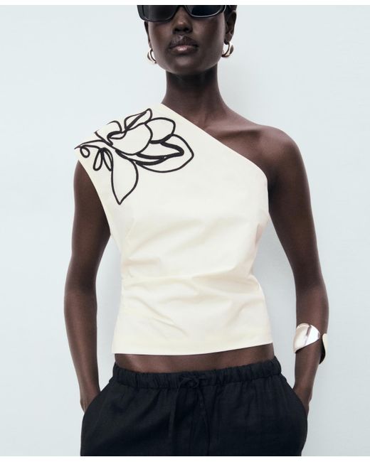 Mango White Asymmetrical Embroidered Floral Top