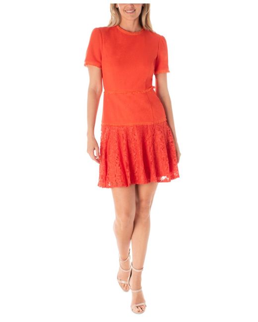 Maison Tara Red Lace-trim Fit & Flare Dress