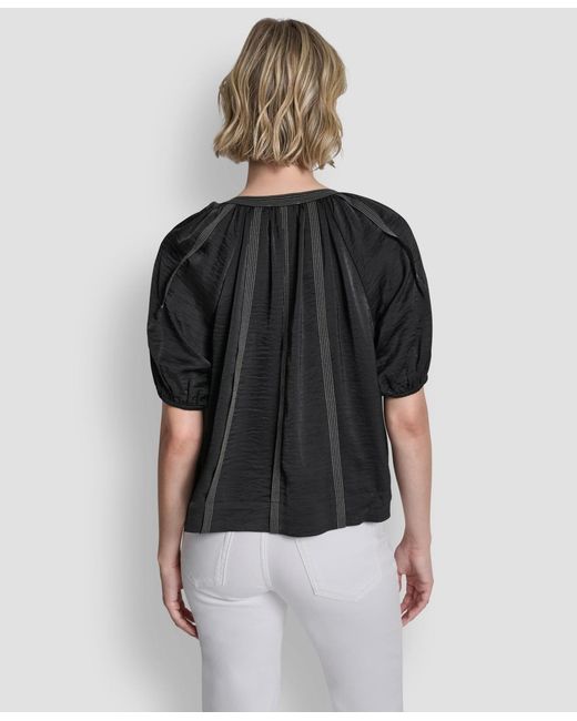 DKNY Black Puff-sleeve Top Stitch Tie Front Blouse