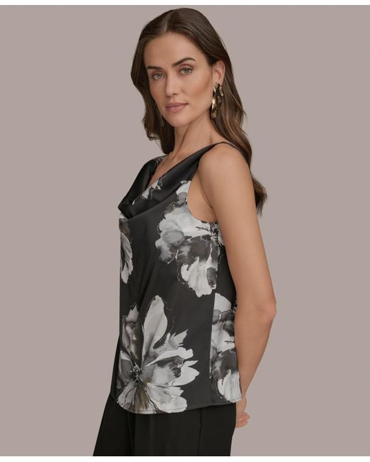 Donna Karan Gray Printed Cowlneck Satin Tank Top