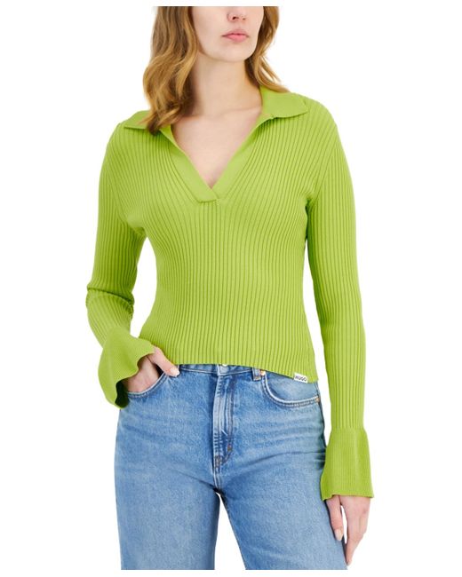 HUGO Green Ribbed Long-sleeve Collared V-neck Knit Sweater