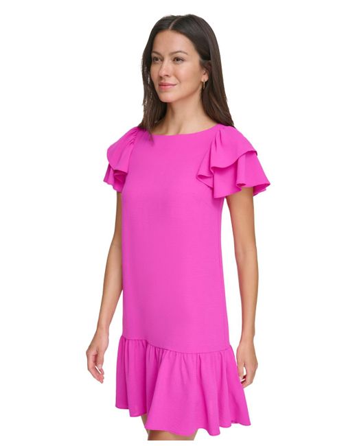 DKNY Pink Petite Flutter-sleeve Ruffle-hem Dress