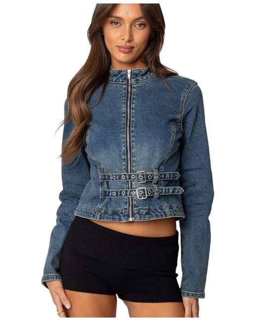 Edikted Blue Double Buckle Denim Jacket