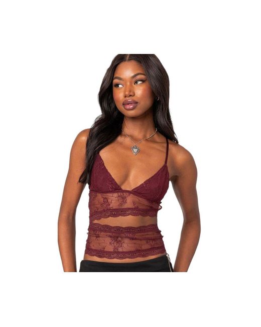 Edikted Red Spice Cut Out Sheer Lace Tank Top