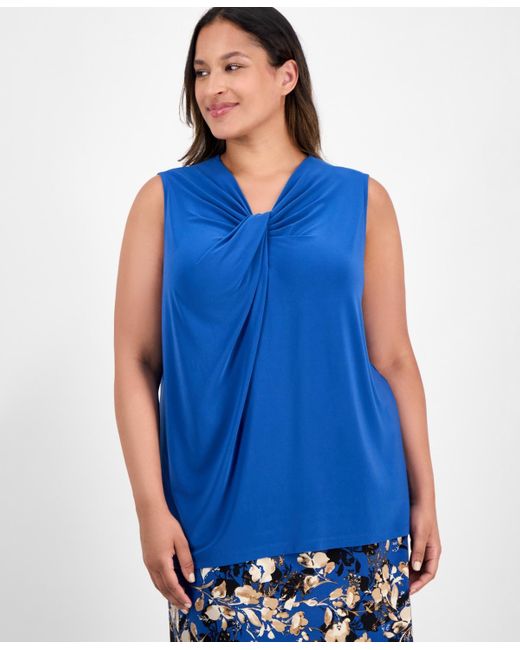 Kasper Women's Blue Plus Size Sleeveless Knot-neck Top
