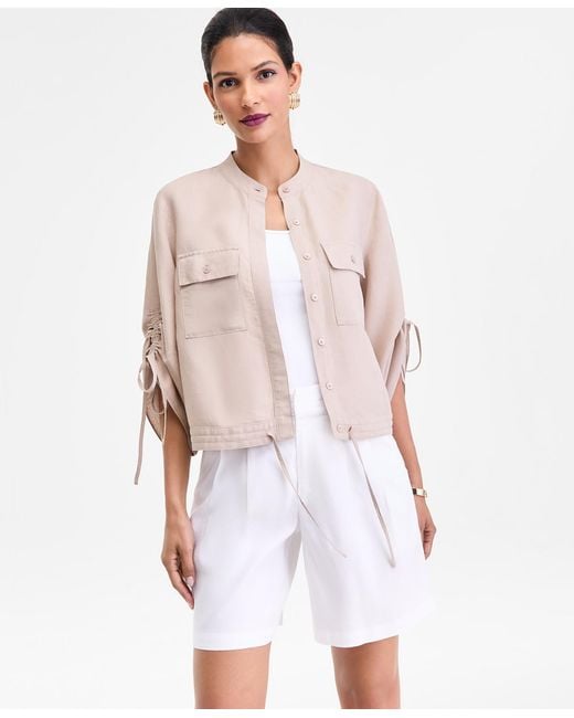 INC International Concepts White Tie-sleeve Chambray Tie-waist Blouse