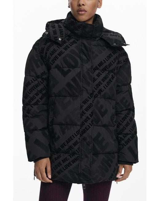 Desigual Black Padded Quilted Coat, Polyester