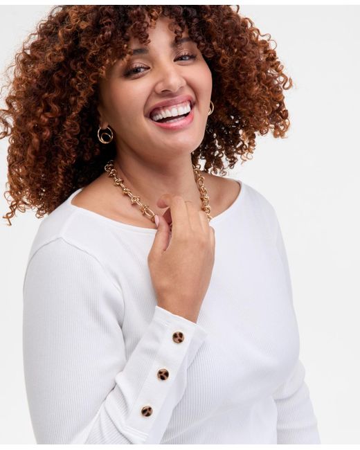On 34th White Trendy Plus Size Button-cuff Boatneck Top