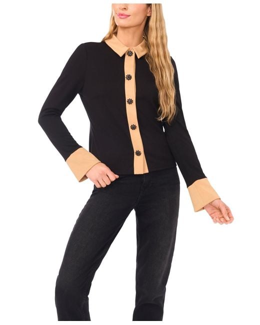 Cece Black Button Down Collared Top