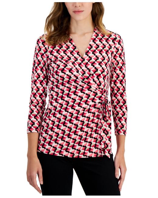 Anne Klein Red Geometric-print Wrap-style Top