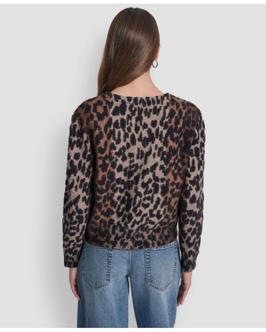 DKNY Black Long Sleeves Leopard Print Cardigan Sweater