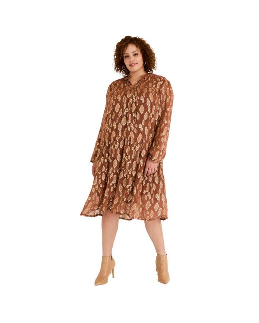 June + Vie Brown June + Vie June + Vie Coraline Metallic Print Georgette Dress