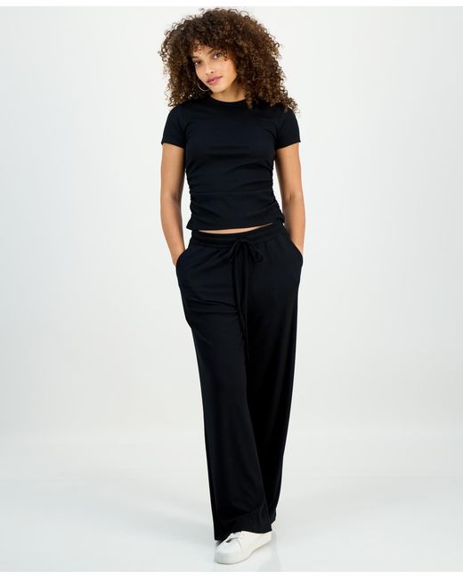 INC International Concepts Black Petite Ribbed Knit High Rise Wide-leg Pants