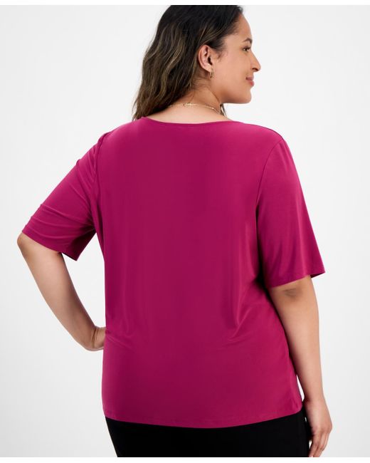 Kasper Pink Plus Size Elbow-sleeve Pleated-neck Top