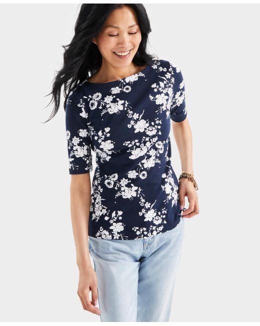 Style & Co. Blue Printed Boat-neck Elbow-sleeve Top