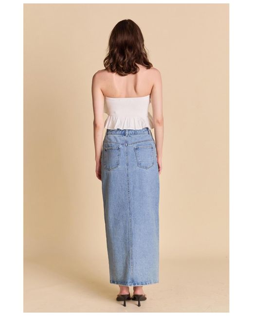 Endless Rose Blue Mixed Media Ruffled Strapless Top