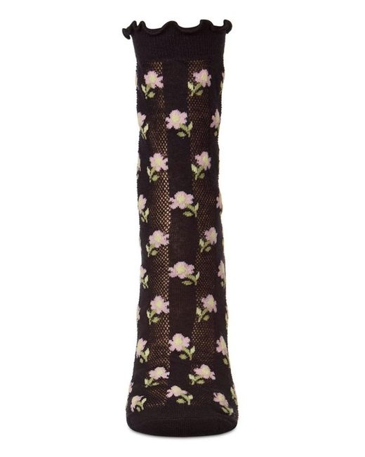 Memoi Black "ditsy Floral" Cotton-rich Mini-net Ruffle-edge Ankle Sock