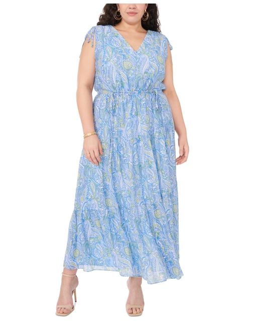 Vince Camuto Blue Plus Size Printed V-neck Tiered Maxi Dress