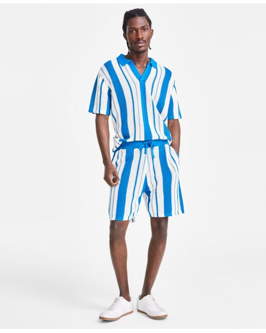INC International Concepts Blue Regular-fit Crocheted Stripe 7" Drawstring Shorts for men