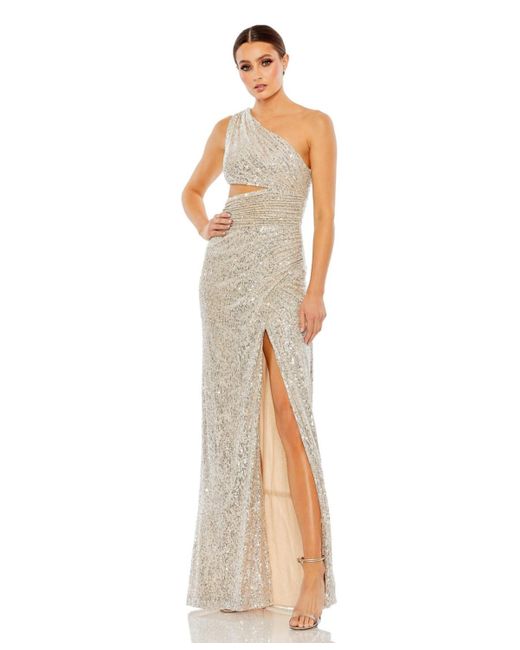 Mac Duggal White Sequin One Shoulder Cut Out Gown