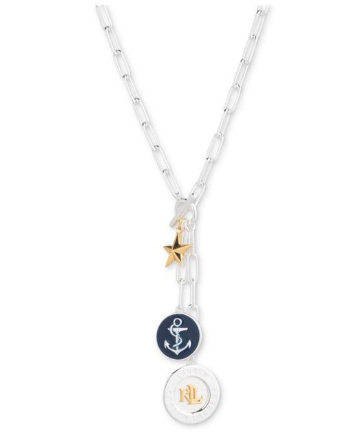 Ralph Lauren White Lauren Sterling Silver & 18k Gold-plated Vermeil Nautical Logo Charm 17" Lariat Necklace