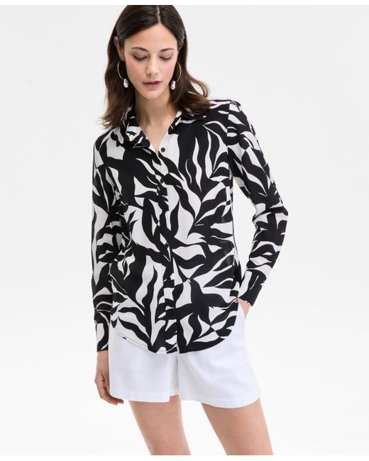 INC International Concepts White Printed Long-sleeve Button-down Shirt