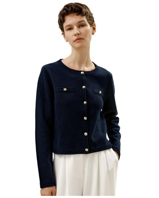 LILYSILK Blue Wool Button-front Sweater Lady Jacket