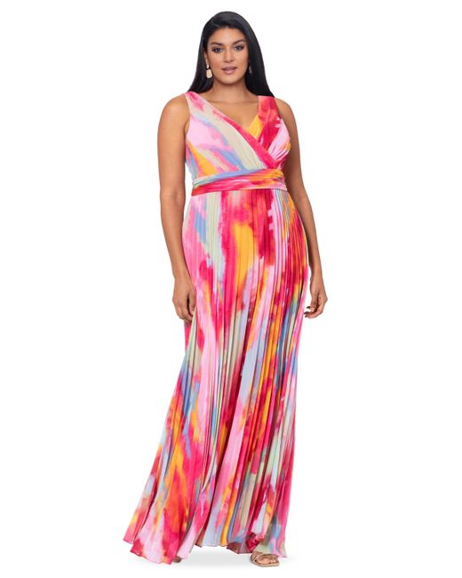 Xscape Red Plus Size Printed V-neck Ruched-waist Pleated Gown
