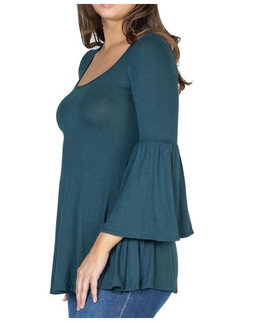 24seven Comfort Apparel Blue Bell Sleeve Flared Tunic Top