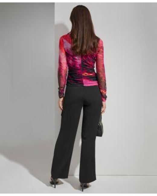 DKNY Pink Printed Mesh Long Sleeve Top Wide Leg Crepe Cargo Pocket Pants