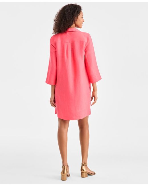 Charter Club Pink 100% Linen Lace-up 3/4-sleeve Utility Dress