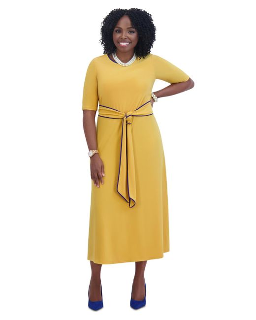 Kasper Yellow Contrast-trim Short-sleeve Midi Dress