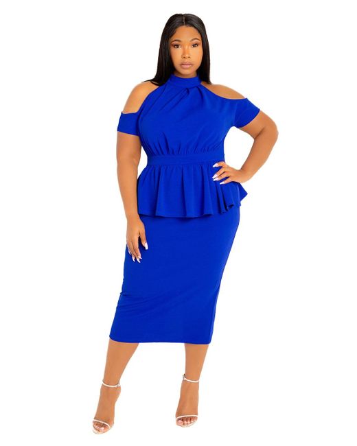 Buxom Couture Women's Blue Plus Size Cut-out Shoulder Peplum