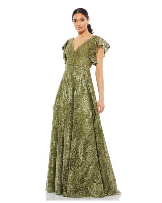 Mac Duggal Green Embroidered Flutter Sleeve V-neck Gown