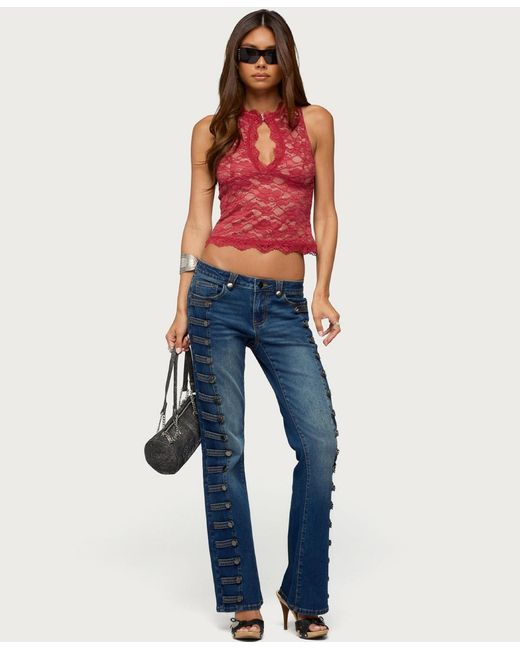 Edikted Blue Button Loop Low Rise Bootcut Jeans