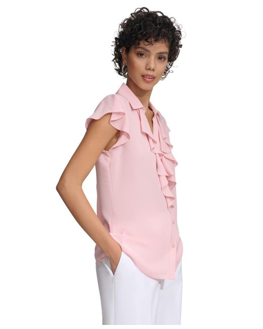 Calvin Klein Pink Petite Cap-sleeve Ruffle-front Blouse