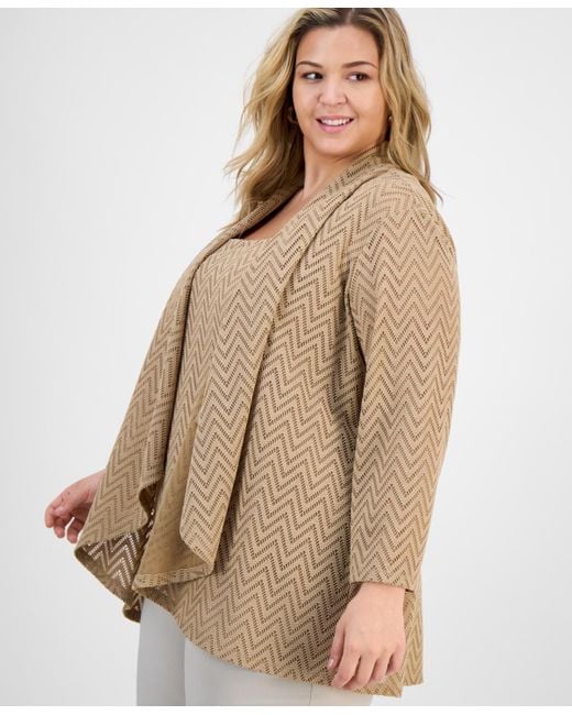 Kasper Brown Plus Size Herringbone Knit High-low Cardigan